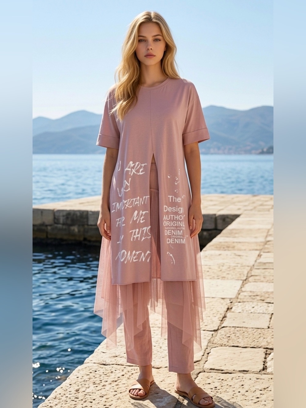 Relaxed Pink Midi Dress with Layered Tulle and Graphic Print
